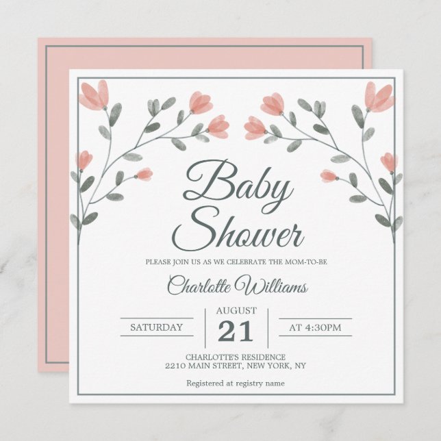 Baby Shower Delicate Flowers Pink & Sage Green Invitation (Front/Back)