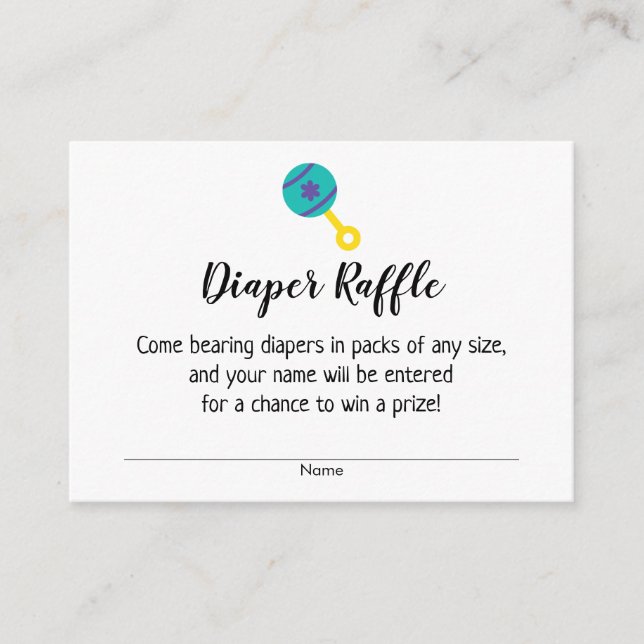 Baby Shower Diaper Raffle Tickets w/ Teal Rattle Enclosure Card (Front)