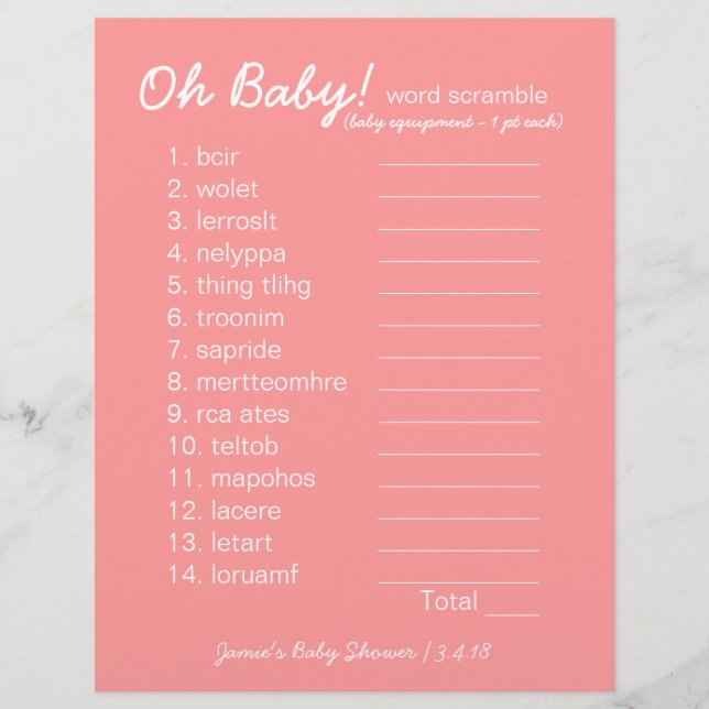 Baby Shower DIY - Word Scramble Game - pink (Front)