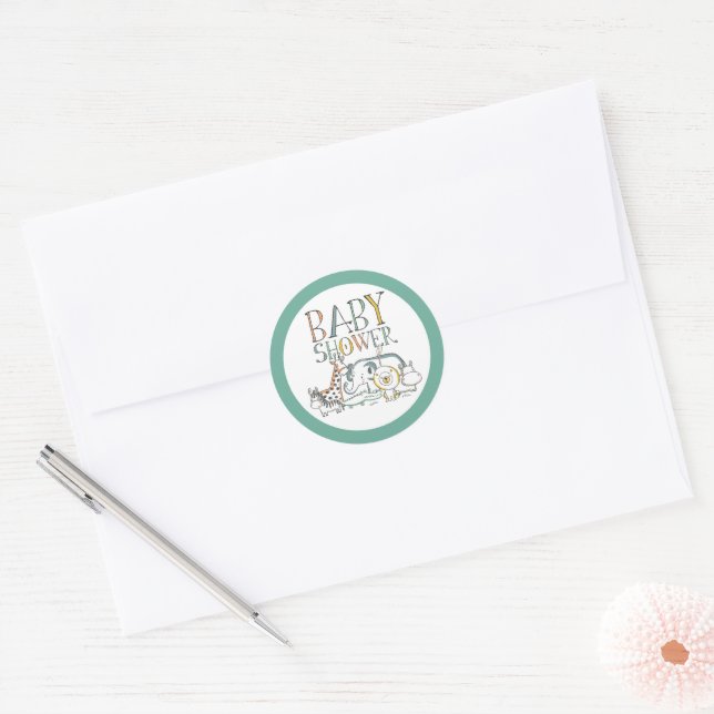 Baby Shower Doodle Safari Classic Round Sticker (Envelope)