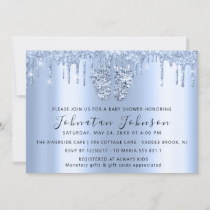 Baby Shower Drips Glitter Blue Feet Blue Boy Girl  Invitation