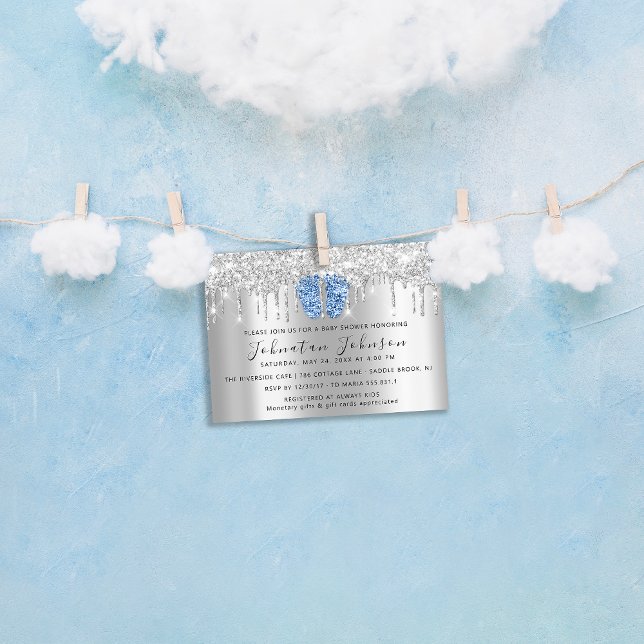Baby Shower Drips Glitter Blue Feet Silver Invitation (Baby Shower Drips Glitter Blue Feet Silver Invitation)