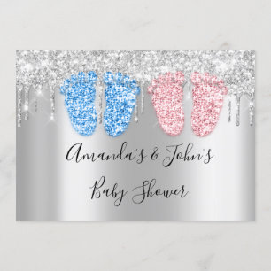 Baby Shower Drips Silver FeetTwins Boy Girl Blue Invitation