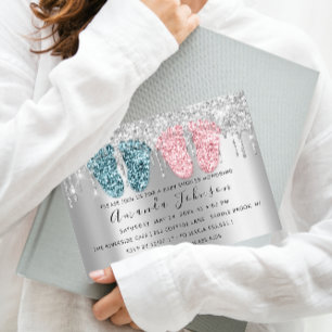 Baby Shower Drips Silver Grey Feet Twins Boy Girl Invitation