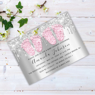 Baby Shower Drips Silver Grey Feet Twins Girls Invitation