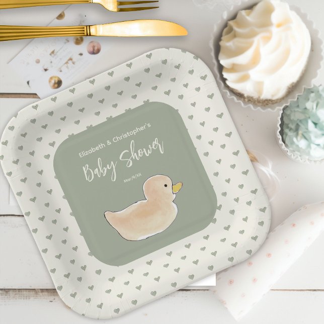 Baby Shower Duck Heart Dots Couples Cute Girl  Paper Plate (Creator Uploaded)