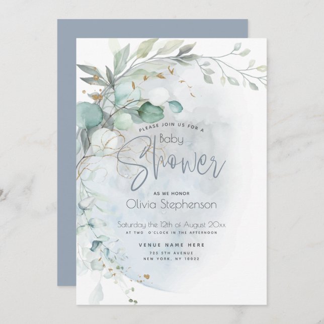 Baby Shower | Dusty Blue Over the Moon Invitation (Front/Back)