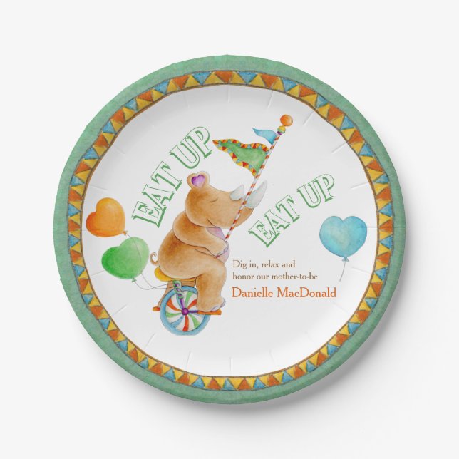 Baby Shower eat up circus unicycle rhino art plate (Front)