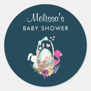 Baby Shower Egg, Pink Flamingo & Bunny Watercolor Classic Round Sticker