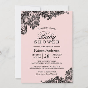Baby Shower Elegant Blush Pink Black Lace Invitation