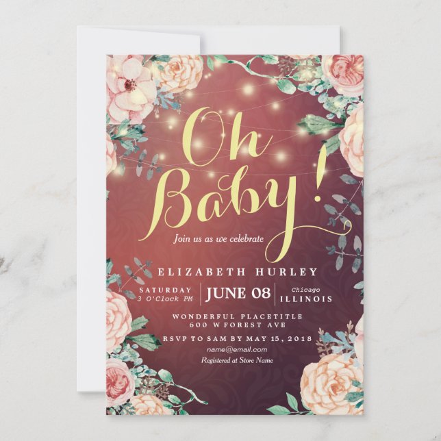 Baby Shower Elegant Floral String Lights Burgundy Invitation (Front)