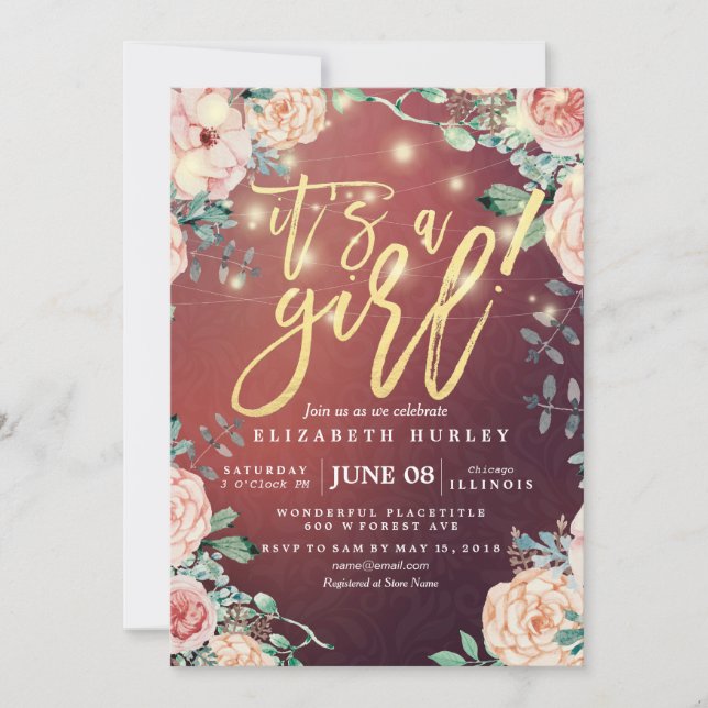 Baby Shower Elegant Floral String Lights Burgundy Invitation (Front)