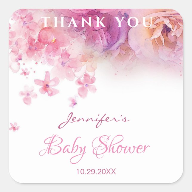 Baby Shower Elegant Flowers Roses Watercolor Art Square Sticker (Front)