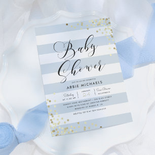 Baby Shower   Elegant Gold Confetti & Blue Stripes Invitation