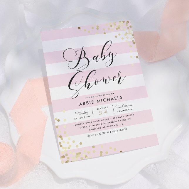 Baby Shower | Elegant Gold Confetti & Pink Stripes Invitation (Creator Uploaded)