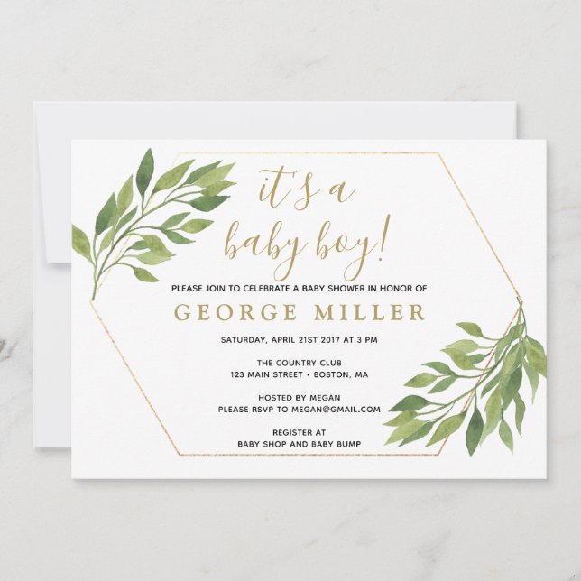 Baby shower elegant greenery and gold invitation (Front)