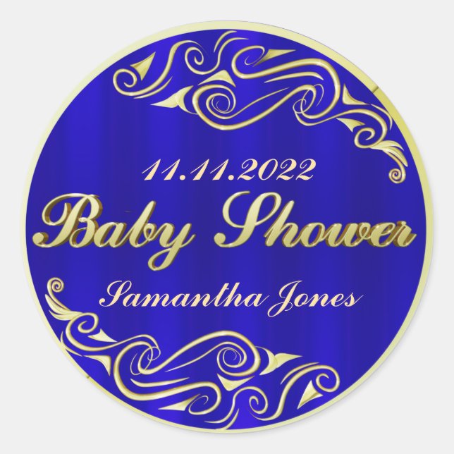 Baby Shower Elegant Regal Golden Blue Classic Round Sticker (Front)