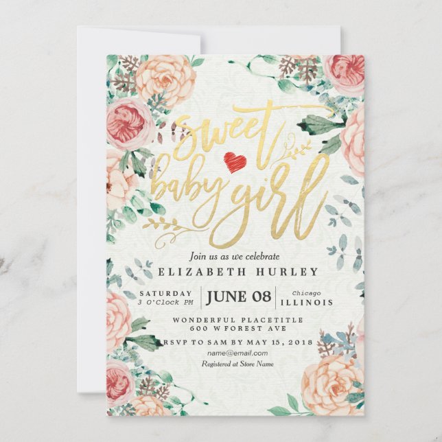 Baby Shower Elegant Watercolor Floral Gold Script Invitation (Front)
