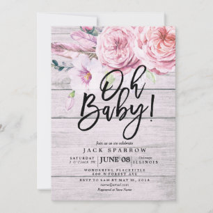 Baby Shower Elegant Watercolor Floral Rustic Wood Invitation