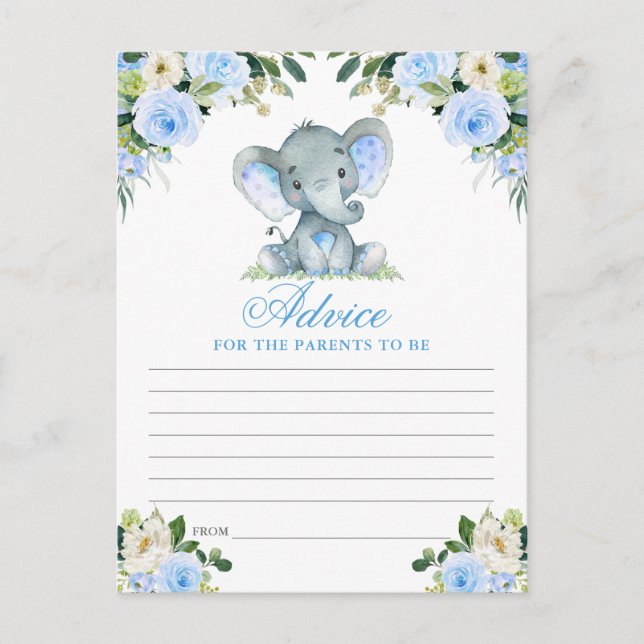 Baby Shower Elephant Blue Floral Advice Card (Front)