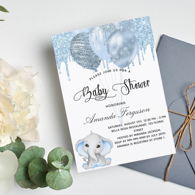 Baby Shower elephant boy blue balloons Invitation (Creator Uploaded)