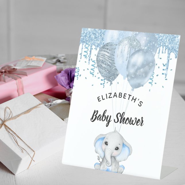 Baby Shower elephant boy blue balloons welcome Pedestal Sign (Creator Uploaded)