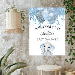 Baby Shower elephant boy blue white balloons Poster