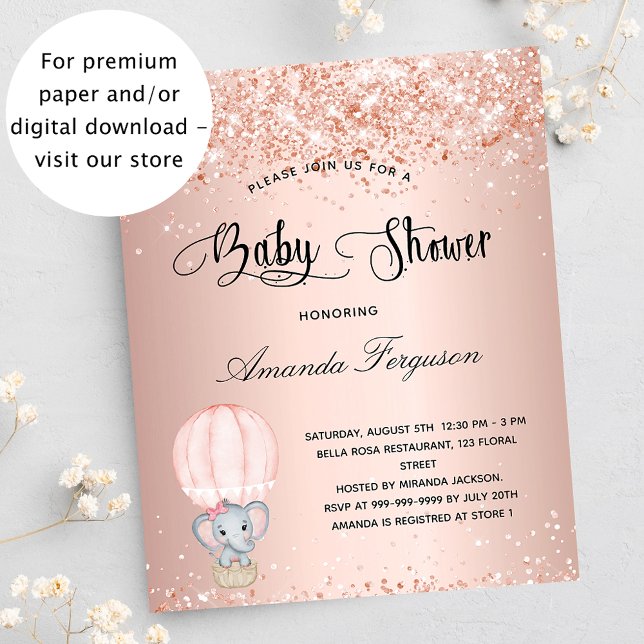 Baby Shower elephant girl rose budget invitation (Creator Uploaded)