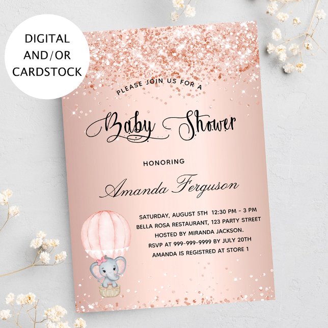 Baby Shower elephant girl rose hot air balloon Invitation (Creator Uploaded)