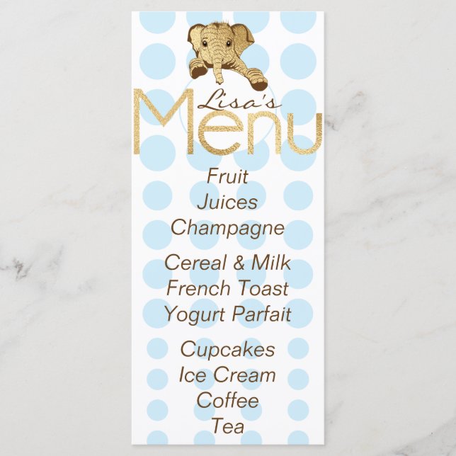 Baby Shower Elephant Gold Blue Menu (Front)