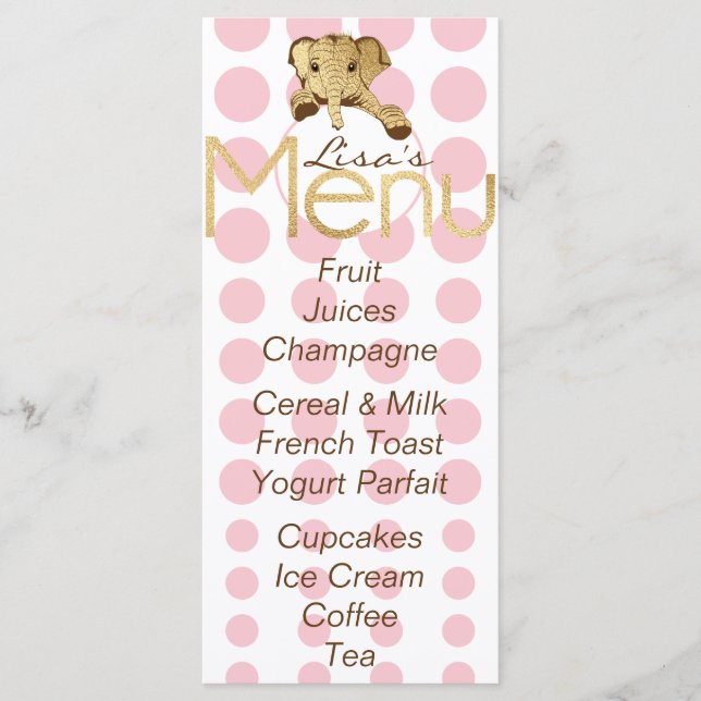 Baby Shower Elephant Gold Pink Menu (Front)