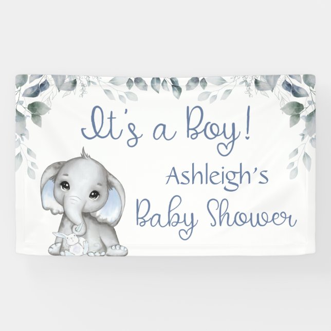 Baby Shower Elephant ITS A BOY Botanical Blue Banner (Horizontal)