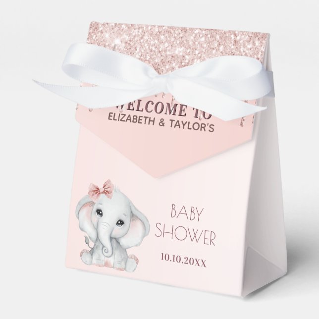 Baby Shower elephant rose gold blush pink glitter Favour Box (Front Side)