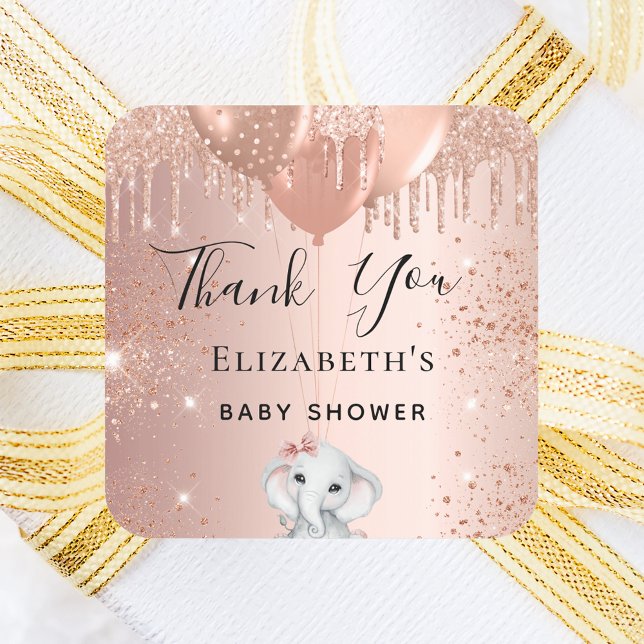 Baby Shower elephant rose gold glitter balloons Square Sticker (Creator Uploaded)