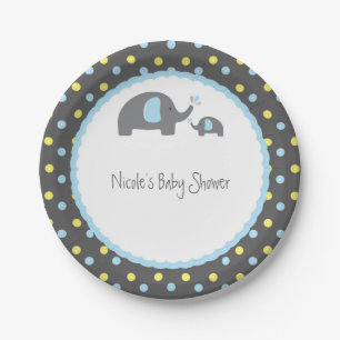 Baby Shower Elephants Blue Grey & Yellow Paper Plate