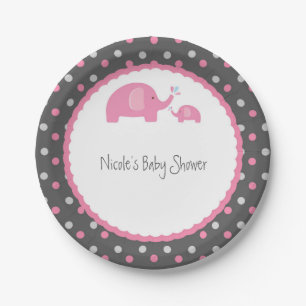 Baby Shower Elephants Pink Grey & White Paper Plate