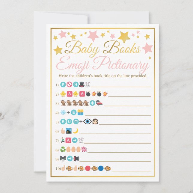 Baby Shower Emoji Pictionary Game Pink Gold Stars Invitation (Front)