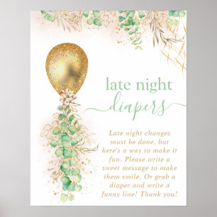Baby Shower Eucalyptus Balloon Late Night Diapers Poster