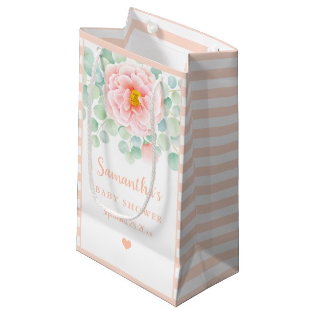 Baby Shower Eucalyptus Foliage Peony Peach Sage Small Gift Bag (Front Angled)