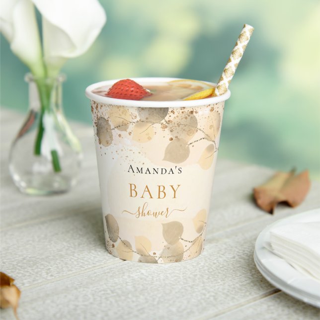 Baby shower eucalyptus glitter golden name paper cups (Insitu)