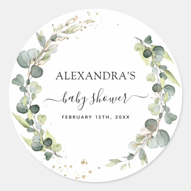 Baby Shower Eucalyptus Greenery Boho Rustic Classic Round Sticker (Front)