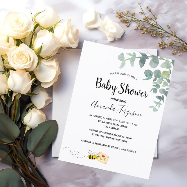 Baby Shower eucalyptus greenery cute bee Postcard (Creator Uploaded)