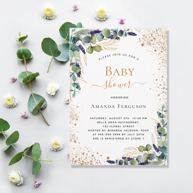 Baby Shower eucalyptus greenery gold glitter Invitation Postcard (Creator Uploaded)