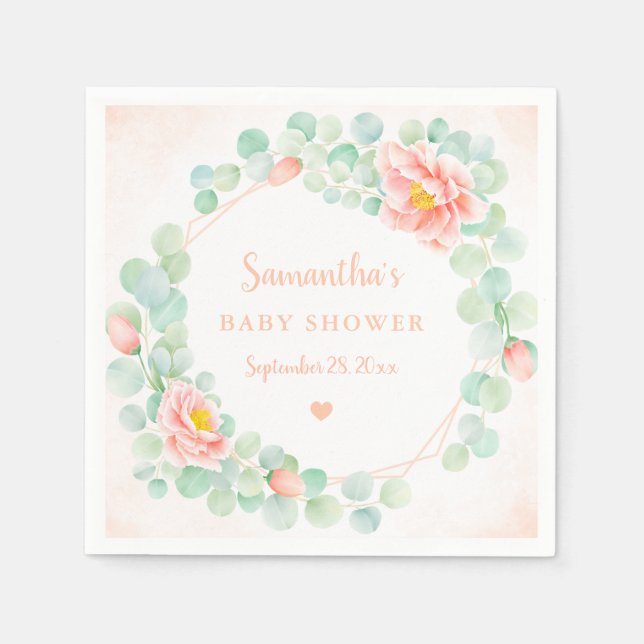Baby Shower Eucalyptus Leaves Floral Wreath Peach Napkin (Front)
