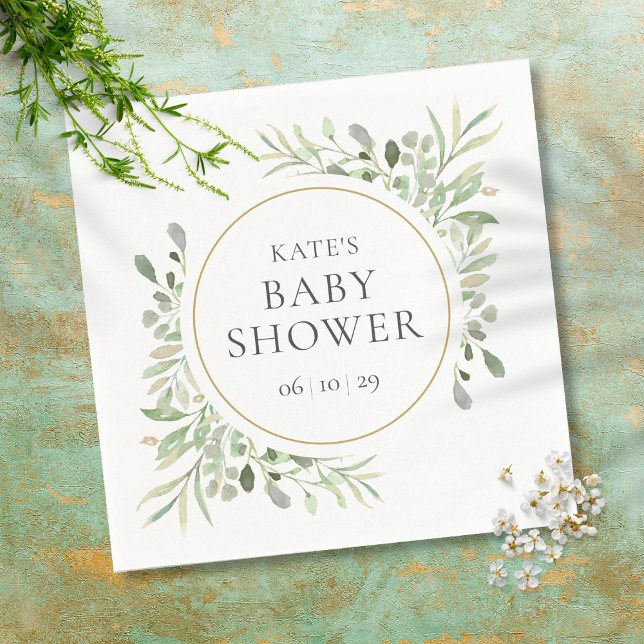 Baby Shower Eucalyptus Watercolor Greenery Gold  Napkin (Creator Uploaded)
