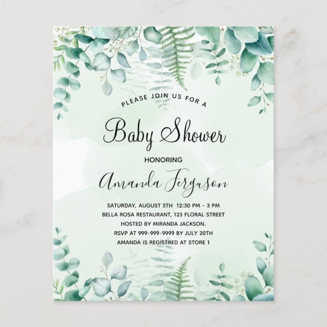 Baby shower eucalyptus woodland budget invitation flyer (Front)
