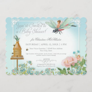 Baby Shower Fairy Garden Bees Dragonfly Rose Art Invitation
