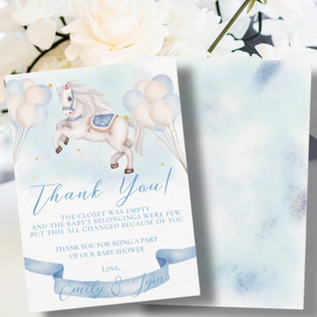 Baby Shower Fairytale Pony Stars Blue Balloons Thank You Card (Creator Uploaded)