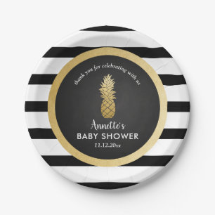 Baby Shower   Faux Gold Foil Pineapple   Stripes Paper Plate
