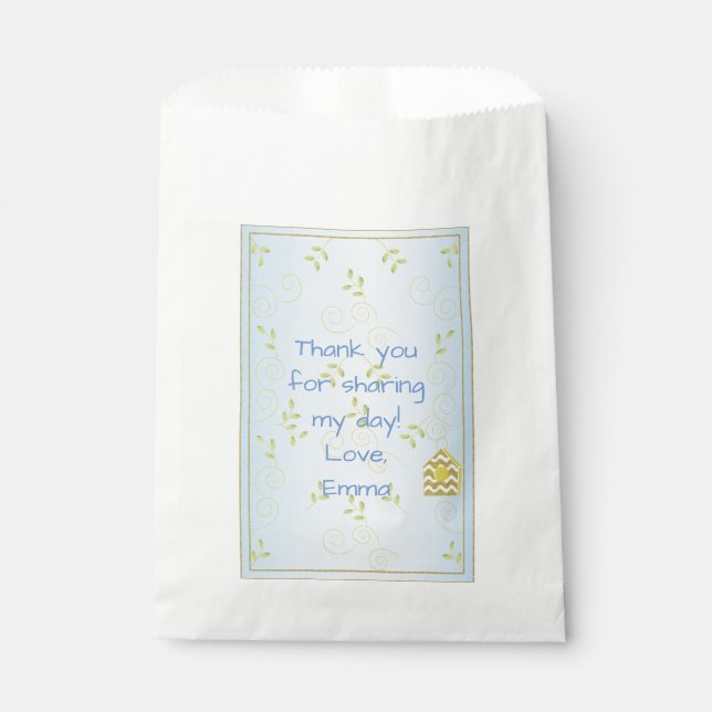 Baby Shower Favour Bag, Blue "Golden Birds" Bag (Front)